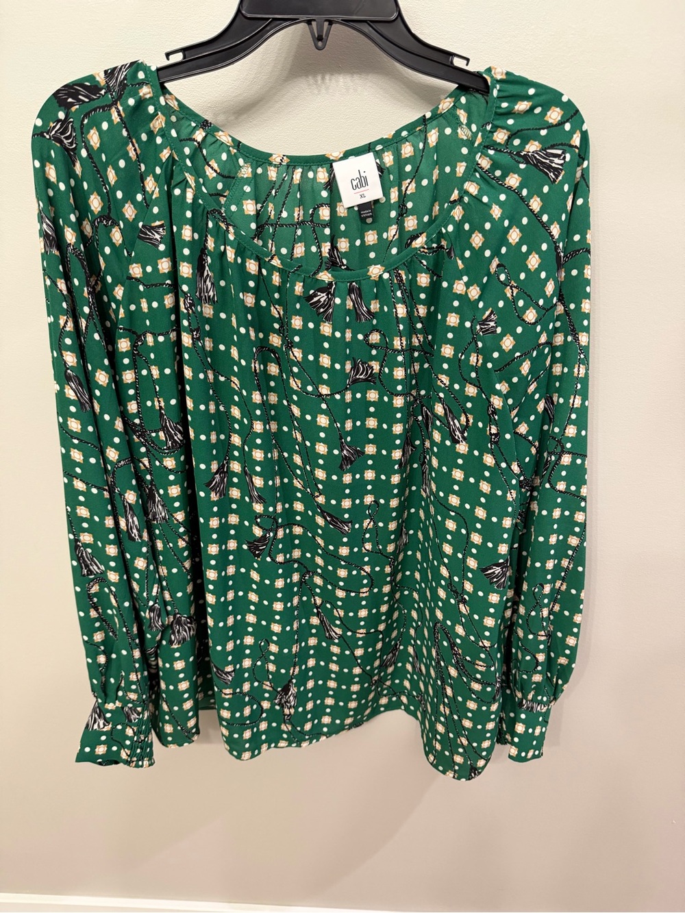 CAbi Emerald Green Printed Long-Sleeve Peasant Top